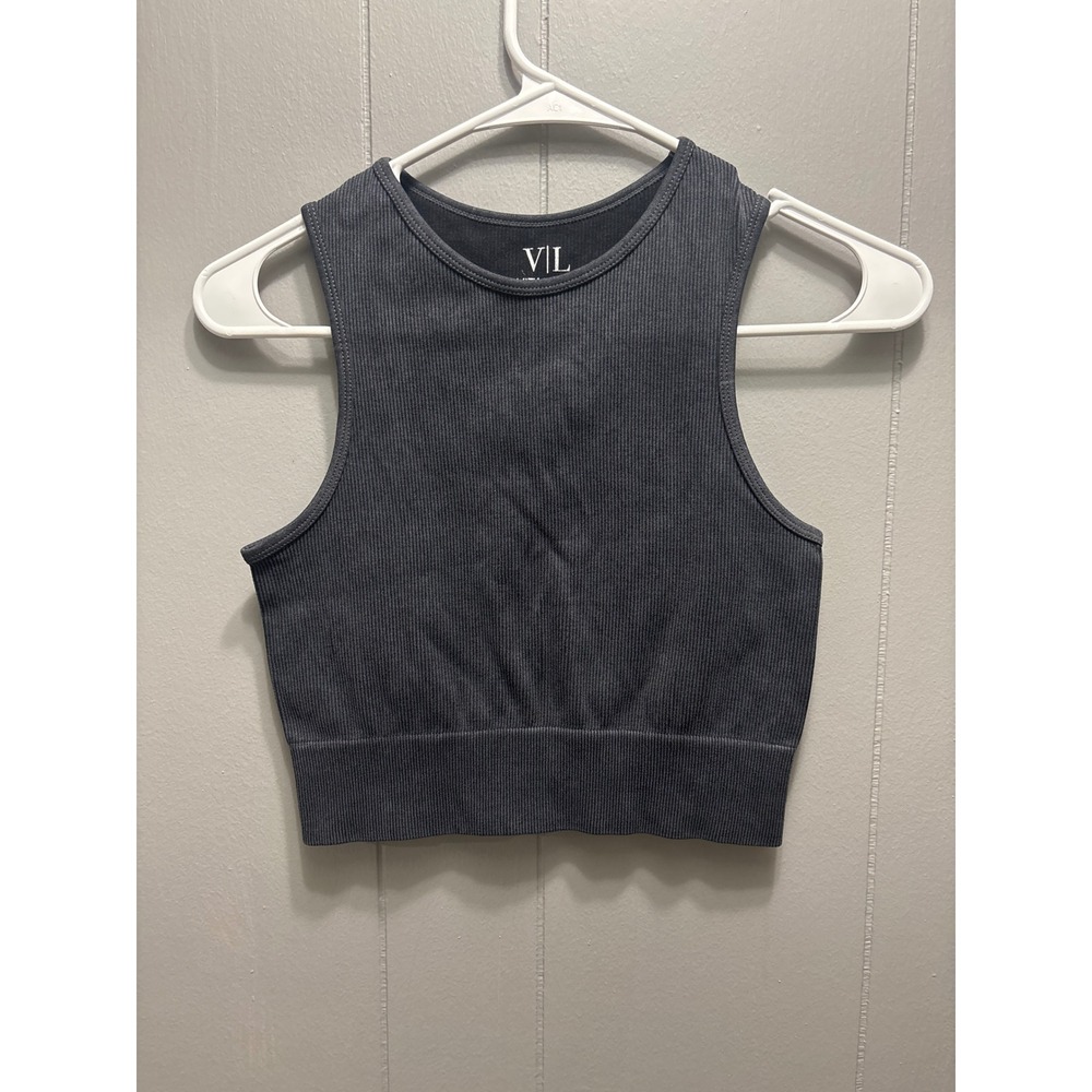 Vital Life Ribbed Crop Tank Top Charcoal Grey High Neck Racerback Activewear L